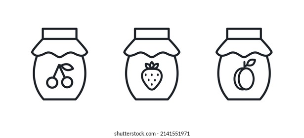 Strawberry jam icon and apricot, cherry jam icons. Jar of jam isolated line icons. Sweet desserts