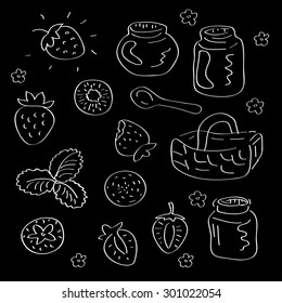 Strawberry, jam jar, basket, spoon, leaves and flowers set. Berry collection. Doodle sketch.