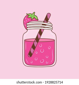 Strawberry Jam Jar colored line icon, simple doodle vector illustration 
