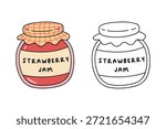 Strawberry jam jar coloring page for kids. Trace and color Strawberry jam jar. Homemade strawberry jam jar flat style vector illustration. Strawberry jam in a glass jar vector illustration isolated on white background.