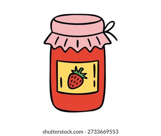 Strawberry jam jar, cozy hand drawn doodle style. Vector illustration.