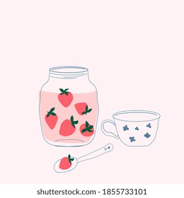 Strawberry jam in a jar and a cup of tea. Vector cafe menu element design. Hand drawn illustration with berry beverage isolated on the white background.