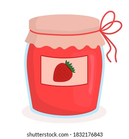 strawberry jam jar cute vector illustration. Vintage glass container with a jelly and label with a berry