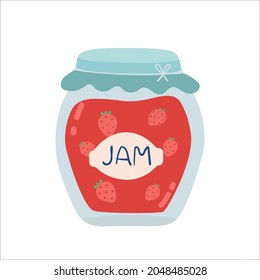 Strawberry jam jar. flat cartoon style. organic food. Glass capacity for berry meal with lid. Vector illustration. Isolated white background.