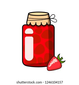 Strawberry Jam jar is flat style with logo lines for labels. Vector illustration.
