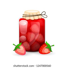 Strawberry Jam jar is flat style with logo lines for labels.Vector illustration.