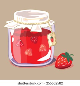 Strawberry jam jar icon. Hand drawn vector illustration. Doodle fruit background. Marmalade. 
