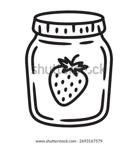 Strawberry jam jar illustration in black and white line art style