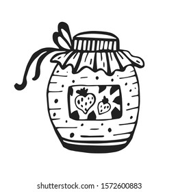 Strawberry jam in a jar isolated on white background. Hand drawn doodle vector sketch. Coloring page, Coloring book. Contour.