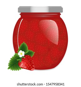 Strawberry jam in a jar on a white background. Vector illustration