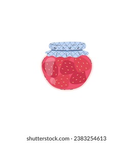 Strawberry jam in jar, red berry confiture, vector illustration isolated on white background. Cartoon picture in flat style. Sweet fruit dessert in a glass container. Homemade preserve.