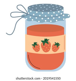 Strawberry jam jar. Simple food icon. Delicious natural food homemade marmalade. Flat vector illustration isolated on white background.