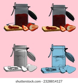 Strawberry jam in a jar spread on bread