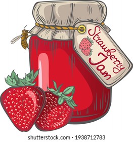 Strawberry jam jar with strawberries berries and bee in vintage style. Vector image