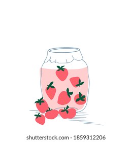 Strawberry jam in a jar and strawberry. Vector cafe menu element design. Hand drawn illustration with berry beverage isolated on the white background.