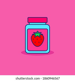 Strawberry jam in the jar vector illustration isolated on pink background. Linear color style of strawberry jam icon 