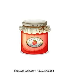 Strawberry jam jar. Vintage style. Delicious organic food. Glass capacity for berry meal with lid. Vector illustration. Isolated white background