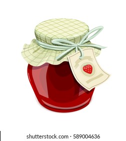 Strawberry jam jar. Vintage style. Delicious organic food. Glass capacity for berry meal with lid. Vector illustration. Isolated white background