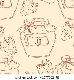 Strawberry jam jars and berries seamless pattern. Vector hand drawn vintage background contour illustration in brown over beige.