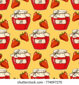 Strawberry jam jars and berries seamless pattern. Vector hand drawn background illustration, red over yellow.