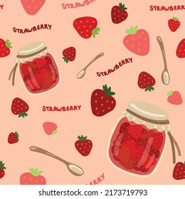 Strawberry jam jars, dessert spoons and strawberry berries seamless pattern. Hand drawn vector illustration. Suitable for web background, gift paper, fabric or textile.