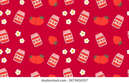 Strawberry jam jars seamless pattern. Fruit strawberry jam background. Red strawberries and flowers. Juicy summer berries. Flat Vector illustration