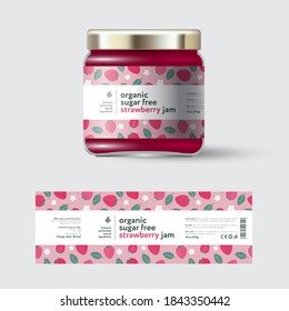 Strawberry Jam label and packaging. Jar with cap with label. White strip with text and on seamless pattern with berries, flowers and leaves.