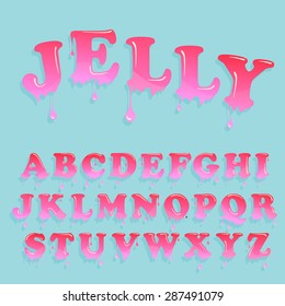 Strawberry jam letters design. Cartoon glaze alphabet. Vector gelatin abc