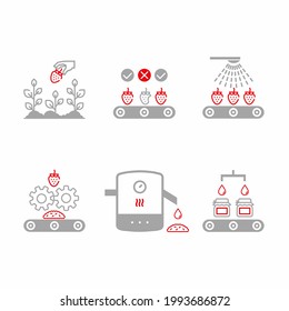 Strawberry jam manufacture process. Strawberry jam production process stages. Factory producing strawberry jam flat illustration.