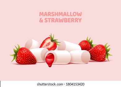 Strawberry and jam marshmallow in 3d illustration, isolated on pastel pink background