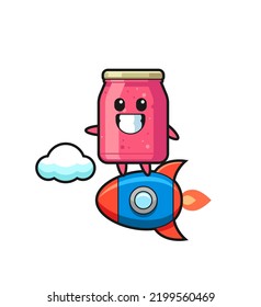 personaje de la mascota de la mermelada de fresa montando un cohete, diseño lindo