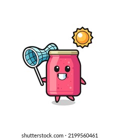 strawberry jam mascot illustration is catching butterfly , cute design