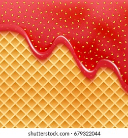 Strawberry jam on wafer vector horizontal background. Delicious dessert food texture