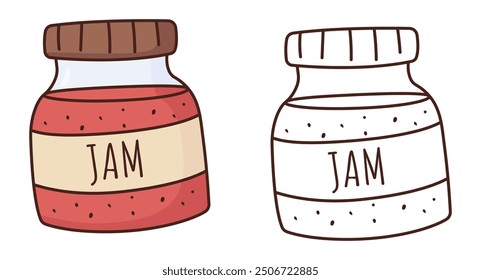 strawberry jam package coloring page, outline jam jar vector illustration, coloring book for children, kids education, colorful, line art 