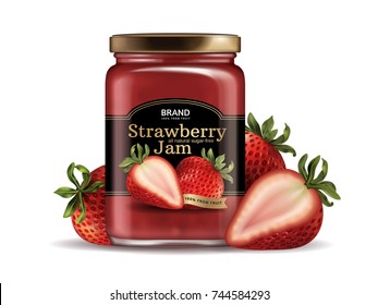 Strawberry Jam Package Design, Glass Jar Mockup With Designed Label And Fresh Fruit In 3d Illustration Isolated On White Background