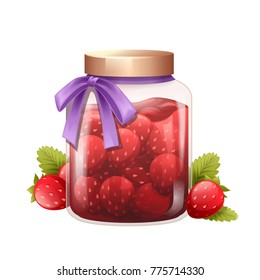 Strawberry jam and purple ribbon on white background vector