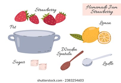 Receta de mermelada de fresa, ilustración vectorial aislada en fondo blanco. Ingredientes y productos para preparar postre casero de baya o mermelada a la plancha. Sencillo estilo de dibujos animados planos. Objetos coloreados