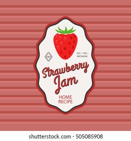 Strawberry jam retro fruit label and simple pattern backdrop. Vector illustration