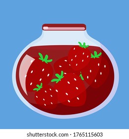Mermelada de fresa en un frasco redondo. Apetitoso, jugoso verano de comida dulce. Ilustración vectorial al estilo de las caricaturas.