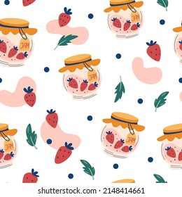 Strawberry jam seamless pattern. Sweet homemade dessert. Beautiful background for package, wrapping paper, fabric, print, banner, wallpaper, advertising, textile. Vector illustration