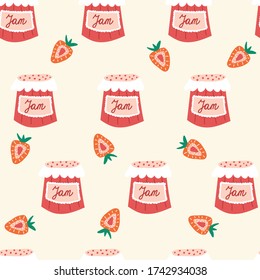 Strawberry jam seamless vector pattern. Repeating pattern with strawberry preserve jars. Use for fabric, gift wrap, packaging