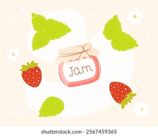 Strawberry jam set - strawberries, jam jar, leaves and flowers. Hand drawn vector illustration in flat cartoon style. Canned fruit confiture or marmalade. Homemade conservation concept