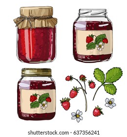 Strawberry jam. Strawberries. Set jars for jam. Black line on a white background. Vector skech food