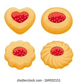 Strawberry jam sweet realistic cookies set. Heart, round, flower and swirl forms. Vector illustration.