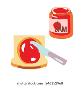 strawberry jam and toast, cartoon flat style, isolated color vector art illustration icon.
