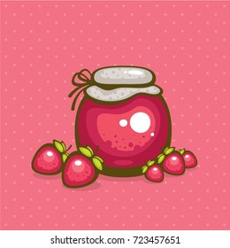 Strawberry jam vector illustration. Colorful jar with berries. Design for logo, menu and label.