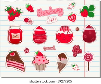 Strawberry and Jam Vector Set on a paper cutout