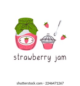 Strawberry jam's jar with spoon and strawberries. Vector illustration isolated on white background. 