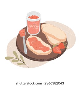 Strawberry jelly and toasts on a wooden tray. Morning breakfast concept.