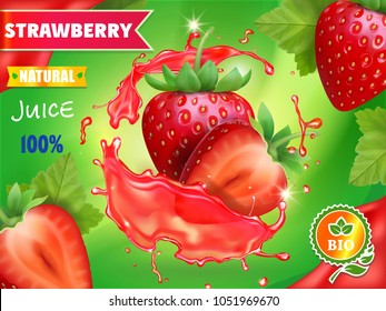 Strawberry juice advertising. Sweet berries juice package design